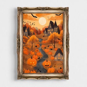 Halloween Town Folk Art Print | Vintage Ghost and Pumpkin Wall Art | Moody Halloween Decor | Spooky Halloween Home Poster | Classic Artwork