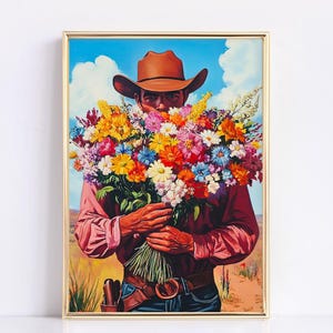 Vintage Cowboy with Bouquet of Flowers Print | Southwestern Living Room Decor | Retro Bedroom Artwork | Rustic American Colorful Poster