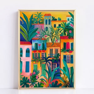 Vibrant Colorful Mexican Art Print | Bright Printable Wall Art | Colorful Houses | Bold Street Lively Home Decor | Mexican Culture Poster
