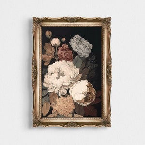 Moody Dark Flower Print | Vintage Botanical Peony Art | Still Life Painting Wall Decor | Print Wall Art | Classic Floral Home Style Decor