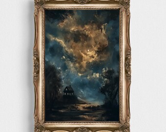 Enigmatic Woods Print | Dark Academia Nocturnal Forest Landscape Oil Painting | Vintage Moody Forest Art | Printable Nighttime Home Decor