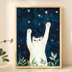 White Cat Celestial Art Print | Night Sky Animal Illustration | Moon Wall Art for Kids Room | Whimsical Pet Memorial Decor | Cats Poster