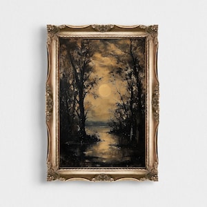 Nacht im Wald | Vintage Sonniger Wald Wohnkultur | Stimmungsvolles Ölgemälde | Dark Academia Poster zum Ausdrucken | Witchy Mond über dem Bett Druck