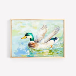 Impression d&#39;art de pépinière de canard colvert | Scène de marais bleu pastel | décoration grand-millénaire vintage | Paysage numérique | Décoration murale pour chambre de bébé