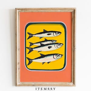 Sardines Tin Wall Art | Retro Kitchen Print | Vintage Seafood Decor | Dining Room Poster | Trendy Fish Artwork | Unique Food Illustration