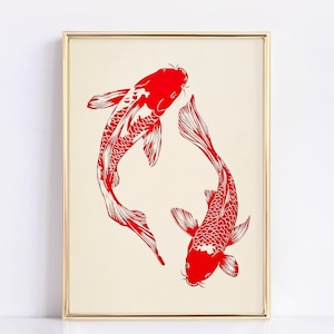 Red Koi Fish Art Print | Vintage Japanese Wall Art | Japanese Koi Illustration Poster | Aesthetic Home Decor | Trendy Japanese Artwork