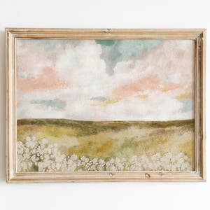 Spring Landscape Print | Cloudy Pink Sky | Printable Wall Art | Country Farmhouse Landscape Oil Painting | Neutral Pastel Girls Room Decor