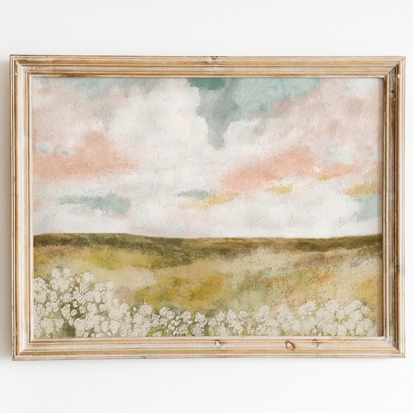 Spring Landscape Print | Cloudy Pink Sky | Printable Wall Art | Country Farmhouse Landscape Oil Painting | Neutral Pastel Girls Room Decor