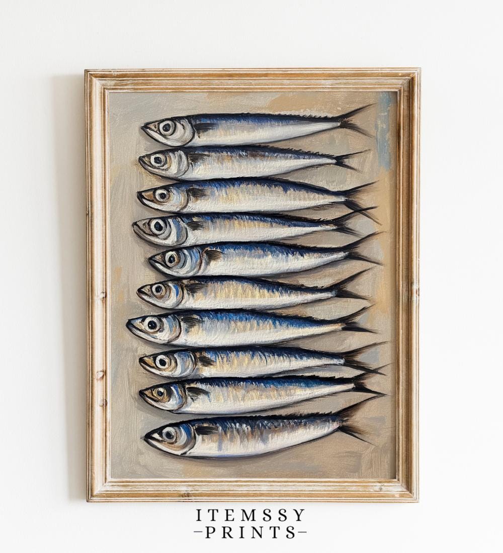 Sardine Print | Retro Fish Wall Art | Printable Kitchen Artwork | Seafood Art Poster | Vibrant Pike and Fish Print | Vintage Kitchen Decor
