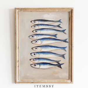 Vintage SARDINES Art Print | Wydrukowany obraz olejny martwej natury | Wystrój kuchni francuskiej | Obraz olejny sardynki | Sztuka ścienna z rybami w restauracji
