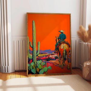 Western Cowboy Print | Lebendige Reiterwüste Poster | Bunte Kaktuslandschaft | Sonnenuntergang Malerei | Western Ranch Dekor