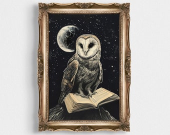 Celestial Vintage Owl Art | Dark Starry Print | Cute Dark Animal | PRINTABLE Wall Art | Moody Rustic Bird Print | Dark Academia Painting