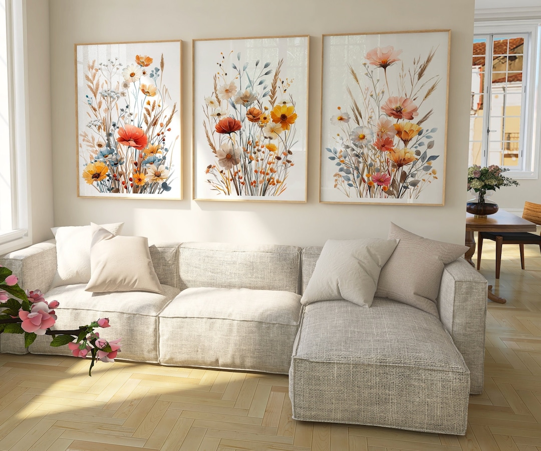 Minimalist Boho Wall Decor - Set of 3 Neutral Watercolor Wildflower ...