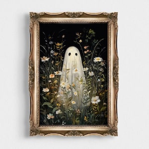 Floral Ghost Digital Portrait Print | Vintage Gothic Oil Painting Style | Spooky Halloween Wall Art | Dark Academia Decor | Unique Gift Idea