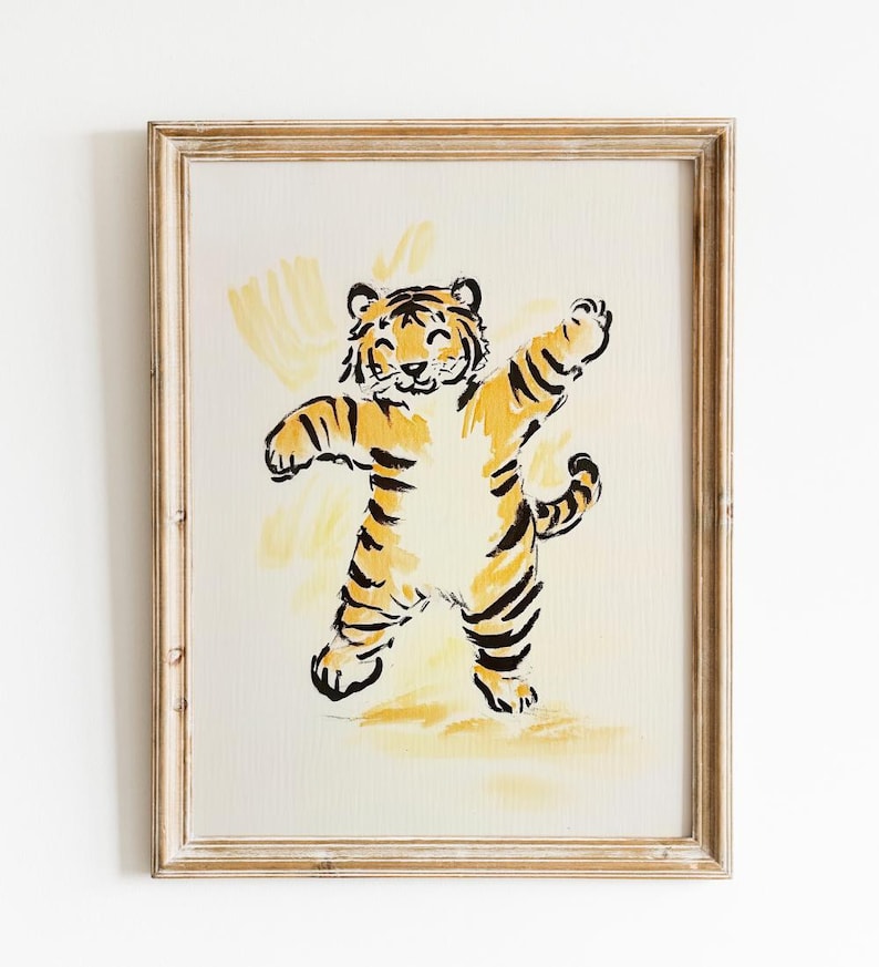 Vintage Tiger Art Print Handpainted Animal Decor Whimsical Cute