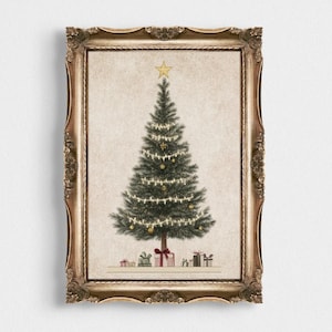 Vintage Christmas Tree Watercolor Art Print | Holiday Wall Decor | Festive Antique Christmas Painting | Rustic Winter Wall Art for Home