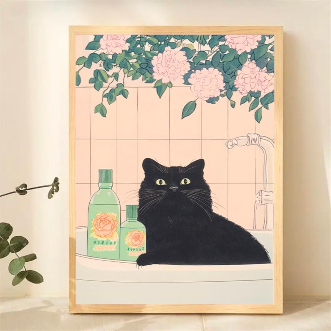 Black Cat in Bathtub Art Print | Japanese Aesthetic | Neutral ...