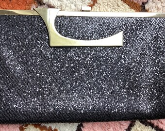 Black glittery clutch bag with gold colour handles, vintage - by therapy