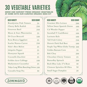 May include: A seed kit information card titled 30 Vegetable Varieties, listing various seeds like Brandywine Pink Tomato and Gourmet Mix Lettuce with specific seed counts. The card features a green cabbage illustration and five certification logos.