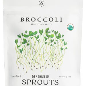 May include: A white bag of broccoli sprouting seeds. The bag features the words "BROCCOLI" and "SPROUTS" in bold black font, with "SPROUTING SEEDS" and "SERENISEED" in smaller font. The bag also includes a green USDA Organic seal and a watercolor illustration of green sprouts. Net weight is 8 oz (227 g).