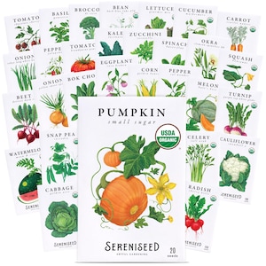 May include: A collection of white seed packets featuring botanical illustrations of various vegetables including pumpkin, tomato, basil, broccoli, lettuce, cucumber, carrot, onion, pepper, eggplant, kale, zucchini, spinach, okra, squash, beet, and cabbage.