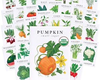 May include: A collection of white seed packets featuring botanical illustrations of various vegetables including pumpkin, tomato, basil, broccoli, lettuce, cucumber, carrot, onion, pepper, eggplant, kale, zucchini, spinach, okra, squash, beet, and cabbage.