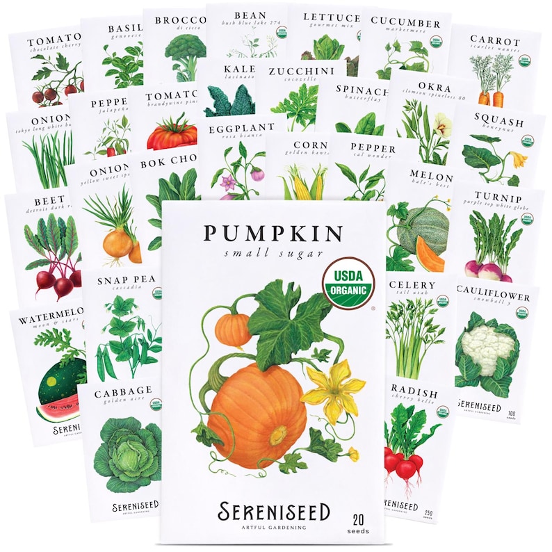 May include: A collection of white seed packets featuring botanical illustrations of various vegetables including pumpkin, tomato, basil, broccoli, lettuce, cucumber, carrot, onion, pepper, eggplant, kale, zucchini, spinach, okra, squash, beet, and cabbage.