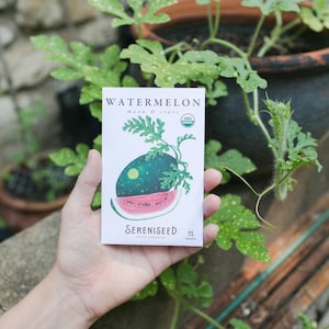 May include: A packet of watermelon seeds labeled "Watermelon Moon & Stars" with a watercolor illustration of a watermelon slice. The packet is held in front of green leafy plants and a brick wall. The packet also says "Sereniseed" and "25 seeds".