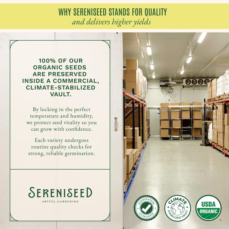 May include: A commercial storage facility with metal shelving units holding stacked cardboard boxes. A white sign features the text: WHY SERENISEED STANDS FOR QUALITY, 100% OF OUR ORGANIC SEEDS ARE PRESERVED INSIDE A COMMERCIAL, CLIMATE-STABILIZED VAULT.