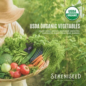 May include: A woven basket filled with fresh vegetables including red tomatoes, orange carrots, green broccoli, lettuce, and cucumbers. The text reads USDA ORGANIC, USDA ORGANIC VEGETABLES, ENJOY HOME-GROWN HEIRLOOM VARIETIES, HARVESTED RIGHT FROM YOUR GARDEN, and SERENISEED ARTFUL GARDENING.