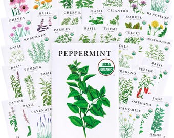 May include: A collection of white seed packets featuring botanical illustrations of various herbs and plants, including peppermint, echinacea, basil, and rosemary. Each packet displays the plant name, a USDA Organic seal, and the brand name Sereniseed.