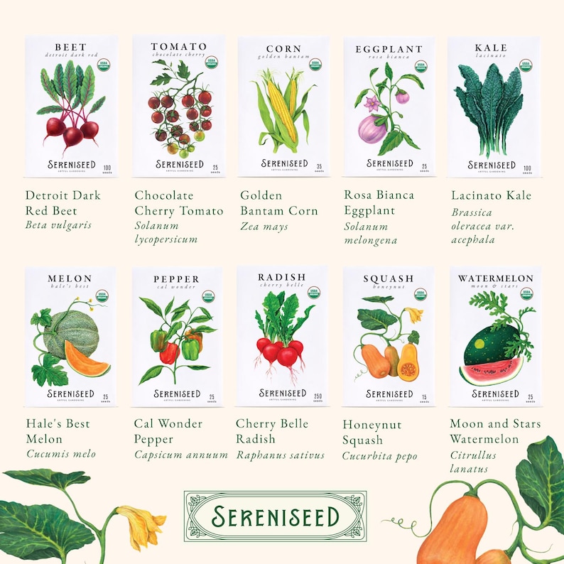 May include: A collection of ten SereniSeed vegetable seed packets featuring illustrations of Detroit Dark Red Beet, Chocolate Cherry Tomato, Golden Bantam Corn, Rosa Bianca Eggplant, Lacinato Kale, Hale's Best Melon, Cal Wonder Pepper, Cherry Belle Radish, Honeynut Squash, and Moon and Stars Watermelon.