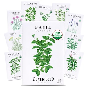 May include: A collection of ten white seed packets featuring botanical illustrations of herbs including Genovese basil, cilantro, oregano, thyme, English lavender, dill, broad leaf sage, Thai basil, and giant Italian parsley, all labeled with the Sereniseed brand.