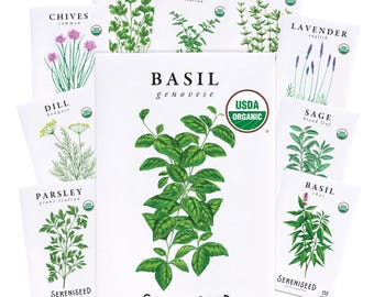 May include: A collection of ten white seed packets featuring botanical illustrations of herbs including Genovese basil, cilantro, oregano, thyme, English lavender, dill, broad leaf sage, Thai basil, and giant Italian parsley, all labeled with the Sereniseed brand.