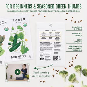 May include: Two white seed packets with botanical illustrations of cucumbers and lettuce. The packets feature text including Marketmore, Sereniseed, USDA Organic, and detailed planting charts. Scattered seeds and broccoli florets surround the packets.