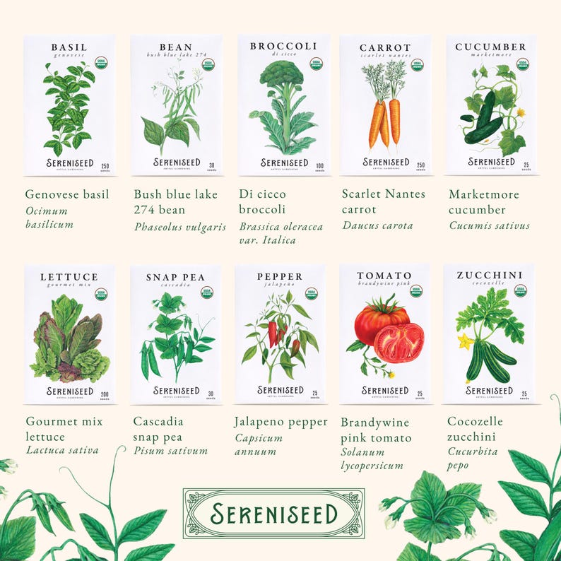 May include: Ten white seed packets from Sereniseed featuring botanical illustrations of Genovese basil, Bush blue lake 274 bean, Di cicco broccoli, Scarlet Nantes carrot, Marketmore cucumber, Gourmet mix lettuce, Cascadia snap pea, Jalapeno pepper, Brandywine pink tomato, and Cocozelle zucchini.