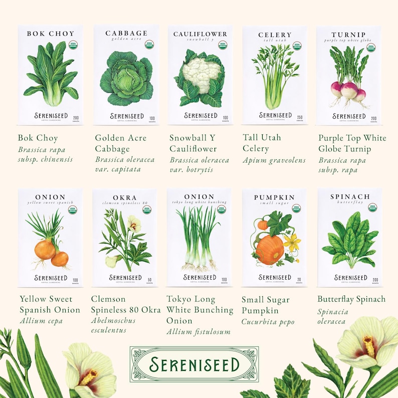 May include: Ten white seed packets from Sereniseed featuring botanical illustrations of Bok Choy, Golden Acre Cabbage, Snowball Y Cauliflower, Tall Utah Celery, Purple Top White Globe Turnip, Yellow Sweet Spanish Onion, Clemson Spineless 80 Okra, Tokyo Long White Bunching Onion, Small Sugar Pumpkin, and Butterflay Spinach.