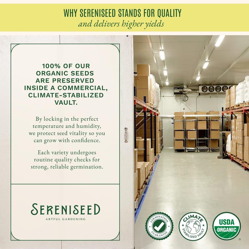 May include: An informational graphic featuring the text WHY SERENISEED STANDS FOR QUALITY and details about a climate-stabilized vault for organic seeds. The image shows a warehouse interior with metal shelving units filled with cardboard boxes.