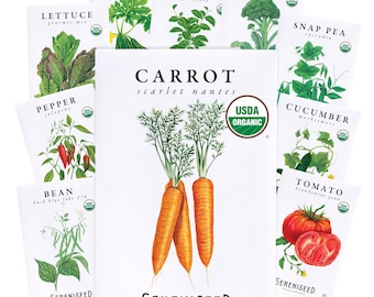 May include: A collection of eleven white seed packets featuring botanical illustrations of vegetables including carrot, lettuce, zucchini, basil, broccoli, snap pea, pepper, bean, cucumber, and tomato, each labeled with its name and a USDA Organic seal.