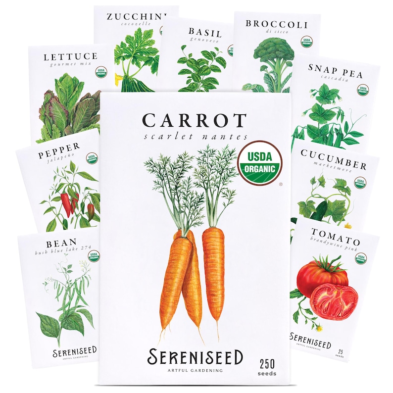 May include: A collection of eleven white seed packets featuring botanical illustrations of vegetables including carrot, lettuce, zucchini, basil, broccoli, snap pea, pepper, bean, cucumber, and tomato, each labeled with its name and a USDA Organic seal.