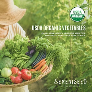 May include: A woven basket filled with fresh vegetables including red tomatoes, orange carrots, green broccoli, lettuce, cucumbers, and snap peas. The text reads USDA ORGANIC VEGETABLES, ENJOY HOME-GROWN HEIRLOOM VARIETIES, HARVESTED RIGHT FROM YOUR GARDEN, and SERENISEED ARTFUL GARDENING.