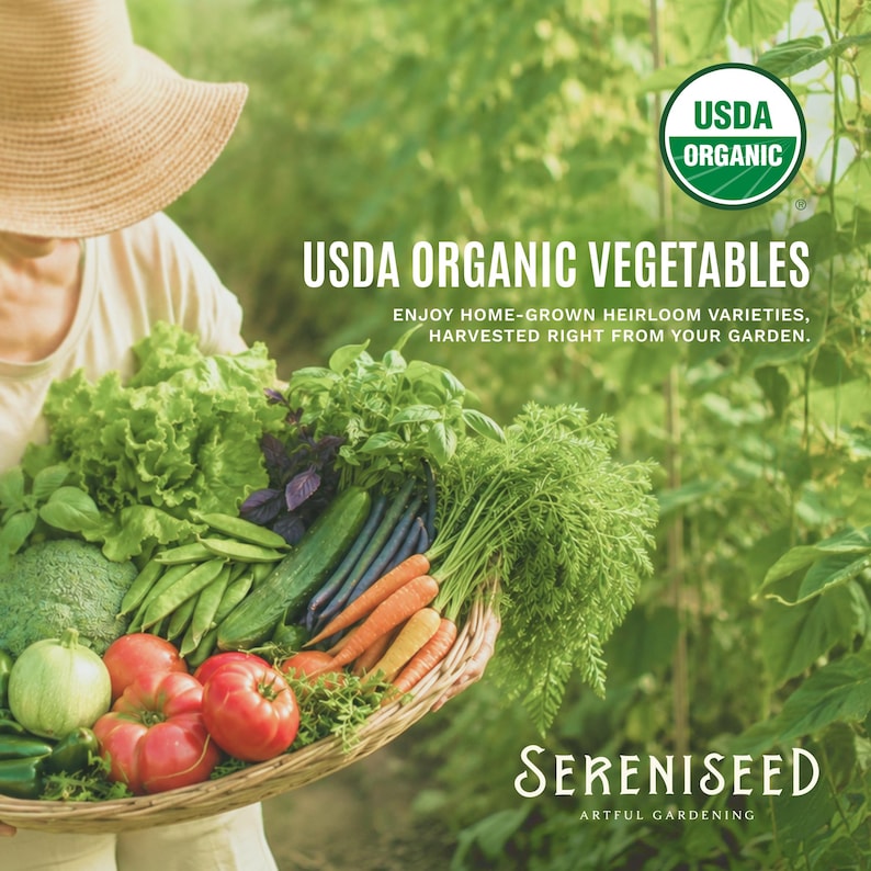 May include: A woven basket filled with fresh vegetables including red tomatoes, orange carrots, green broccoli, lettuce, cucumbers, and snap peas. The text reads USDA ORGANIC VEGETABLES, ENJOY HOME-GROWN HEIRLOOM VARIETIES, HARVESTED RIGHT FROM YOUR GARDEN, and SERENISEED ARTFUL GARDENING.