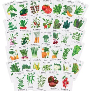 May include: A collection of rectangular seed packets featuring botanical illustrations of various vegetables and herbs including tomato, zucchini, pepper, lettuce, and kale. Each white packet displays the plant name, variety, and Sereniseed logo.