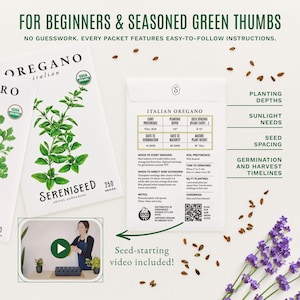 May include: White seed packets for Italian Oregano with green illustrations of the herb. The packets feature text including FOR BEGINNERS & SEASONED GREEN THUMBS, planting depth, sunlight needs, seed spacing, and germination and harvest timelines.