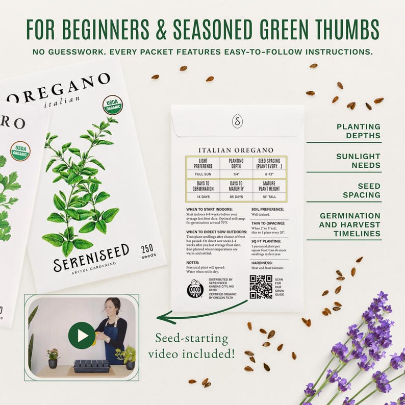 May include: White seed packets for Italian Oregano with green illustrations of the herb. The packets feature text including FOR BEGINNERS & SEASONED GREEN THUMBS, planting depth, sunlight needs, seed spacing, and germination and harvest timelines.