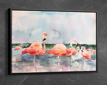 Tropical Wall Art, Flamingo Painting, Abstract Art Canvas, Pink Flamingo Printed, Flamingo Wall Art, Watercolor Canvas Art, Animal Printed