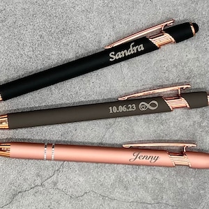 Personalized engraved metal ballpoint pen in rose gold, gray and black