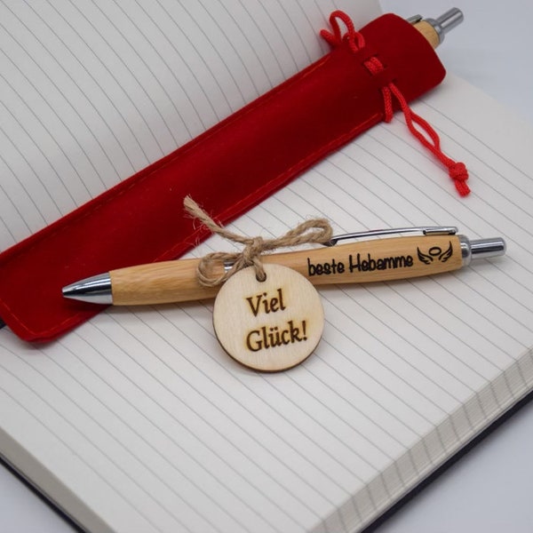 Personalized ballpoint pen with individual engraving: made of bamboo wood, ergonomic design, case and with wooden sign