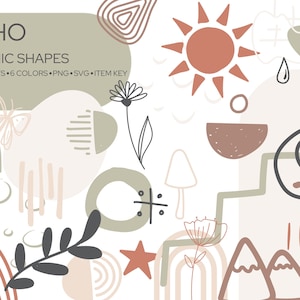 May include: A set of 70 boho graphic shapes in 6 colors. The shapes include a sun, a butterfly, a flower, a mushroom, a mountain, a rainbow, a star, and various abstract shapes. The shapes are in shades of brown, green, pink, and white.