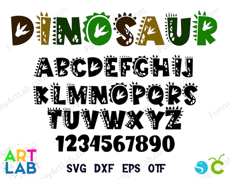 May include: Dinosaur alphabet font with black letters outlined in white and decorated with dinosaur footprints. The letters are uppercase and include numbers 1 through 9 and 0. The word "Dinosaur" is written in green, brown, and yellow letters with dinosaur footprints.